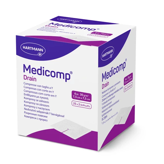 Medicomp® Drain nedvszívó sebpárna Y bevágással, 6 rétegű, steril (7,5x7,5 cm; 25x2 db)